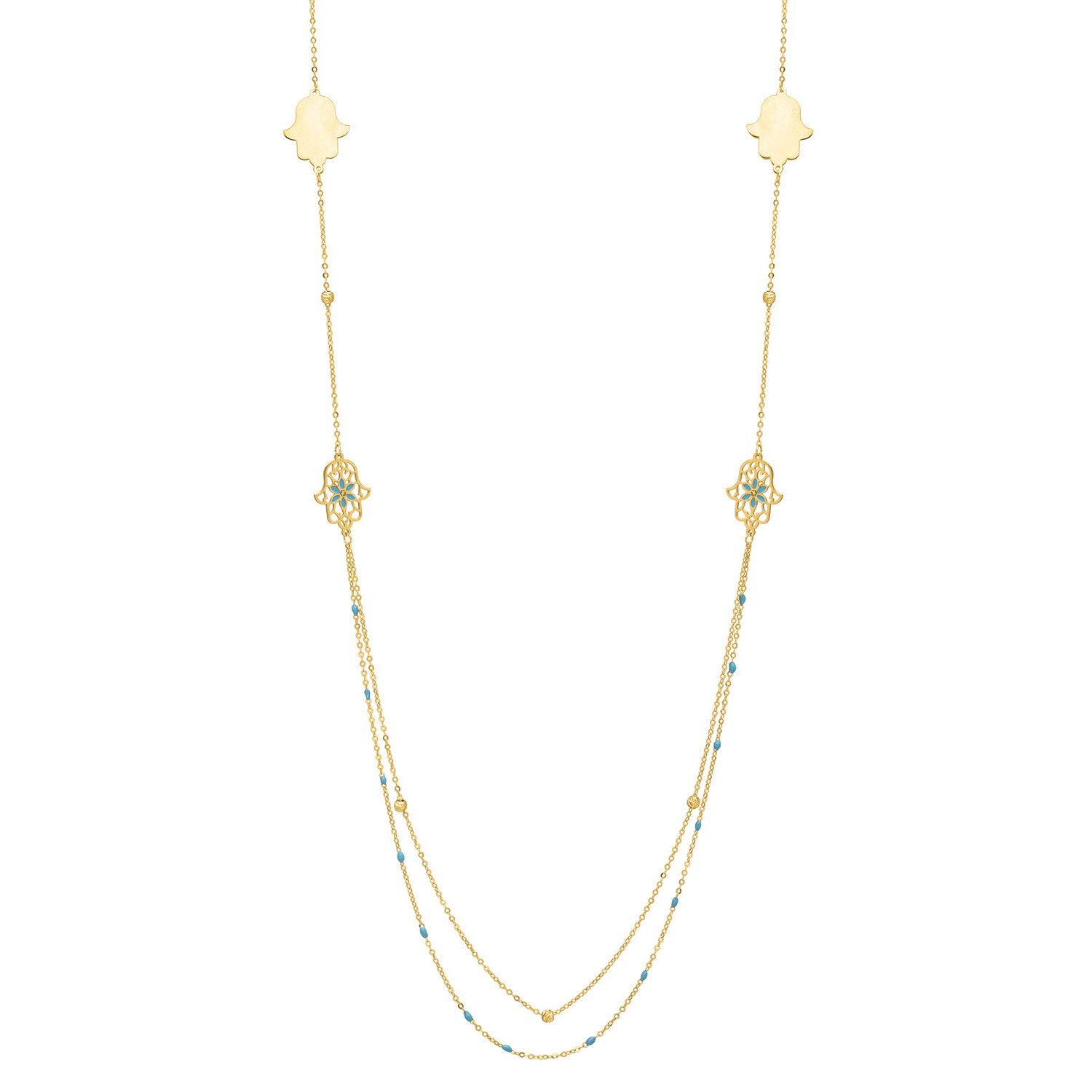 Long Hamsa Necklace in 14K Yellow Gold in a sleek high-contrast midnight luxury editorial style